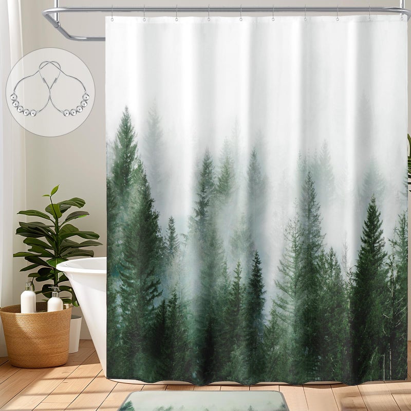 ORTIGIA Green Misty Forest Shower Curtain for Bathroom  Nature Woodland Shower Curtain Set with Metal Hooks  Decorative Pine Tree Fog Magic Bath Curtain for Home  Waterproof Fabric  Weighted  72x72 - Image 1